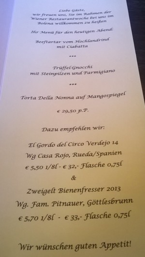 Das Menü im Rahmen der Restaurantwoche, im Bolena vom 30.8. bis 4.9.2016 - Bolena – Osteria Austria und Eventlocation - Wien
