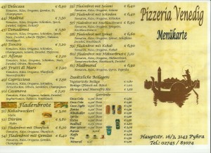 Menükarte - Pizzeria Venedig - Pyhra