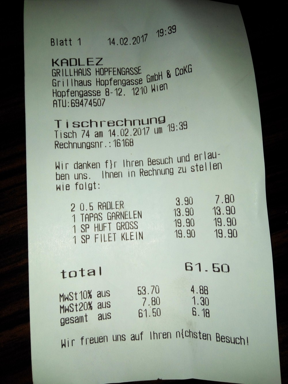 Unsere Rechnung - Grillhaus Kadlez - Wien