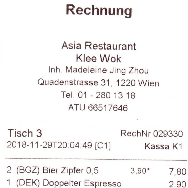Klee Wok - Rechnung - Asia Restaurant Klee Wok - Wien