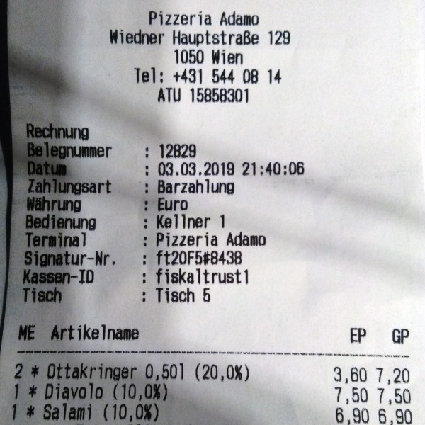 Pizzeria Adamo - Rechnung 2019-03-03 - Pizzeria Adamo - Wien