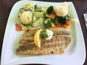 Gebratenes Zanderfilet mit Gemüse und Petersilkartoffeln