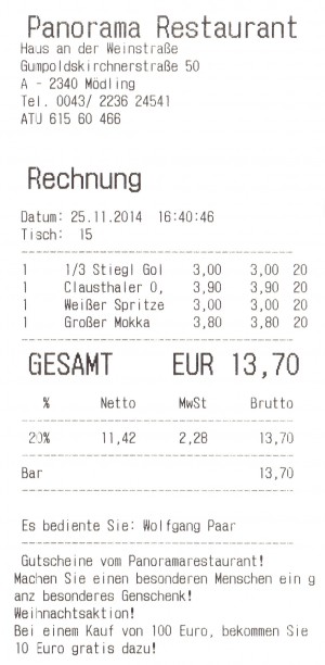 Panoramarestaurant &#039;Haus an der Weinstraße&#039; - Rechnung