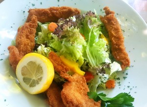 Gebackene Hühnerfilet-Streifen auf Blattsalat mit Kernöl - Gasthaus Fischer - St. Anna am Aigen