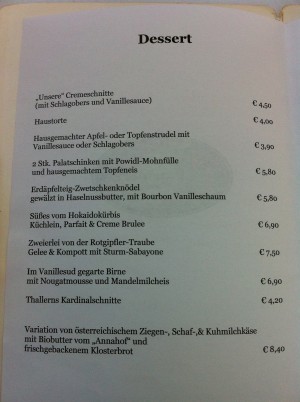 Dessertkarte - Klostergasthaus Thallern - Gumpoldskirchen