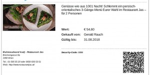 Persisches Restaurant JAS - DD-Gutschein, Preis = Wert minus 50% - Jas - Wien