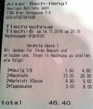 Alter Bach-Hengl - Rechnung 2018-11-14 - ALTER BACH-HENGL - Wien