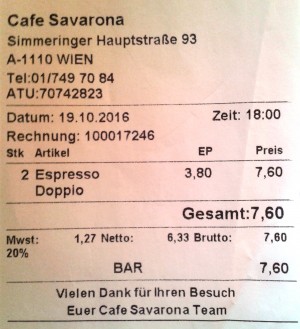 Savarona - Rechnung - Café Savarona - Wien