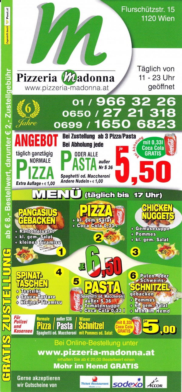 Pizzeria Madonna Flyer Seite 1 - Pizzeria Madonna - Wien