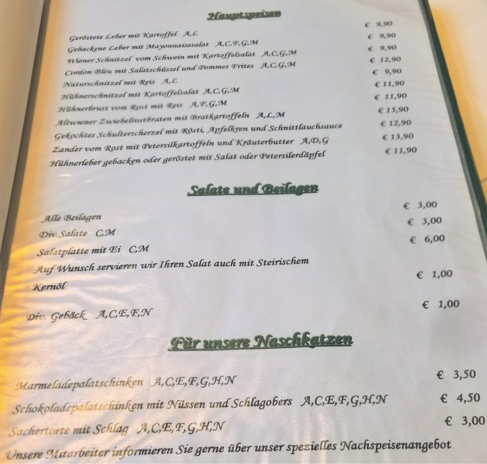 Hauptspeisen, Salate und Beilagen und für die Naschkatz - Wirtshaus Zum alten Nussbaum - Wien