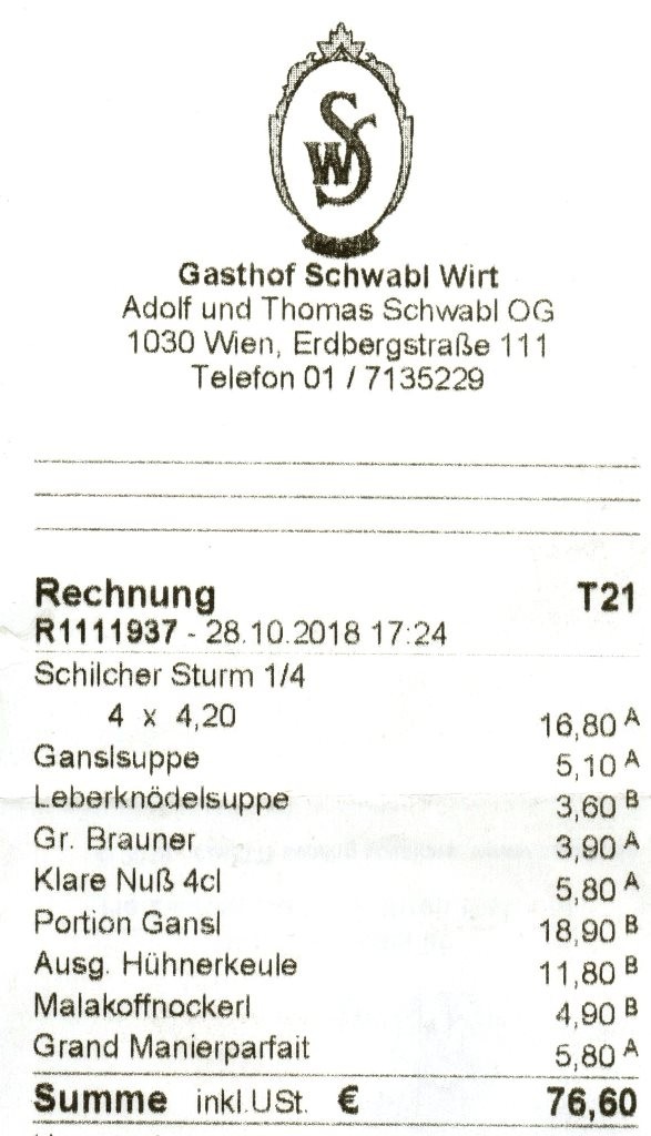 Schwabl Wirt - Rechnung - Schwabl Wirt - Wien