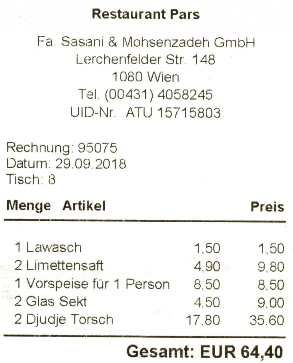 Persisches Restaurant Pars - Rechnung - Pars - Wien
