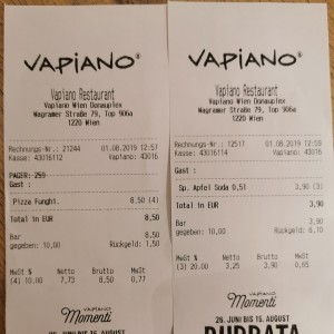 Rechnung 08/2019 - Vapiano Donauzentrum - Wien