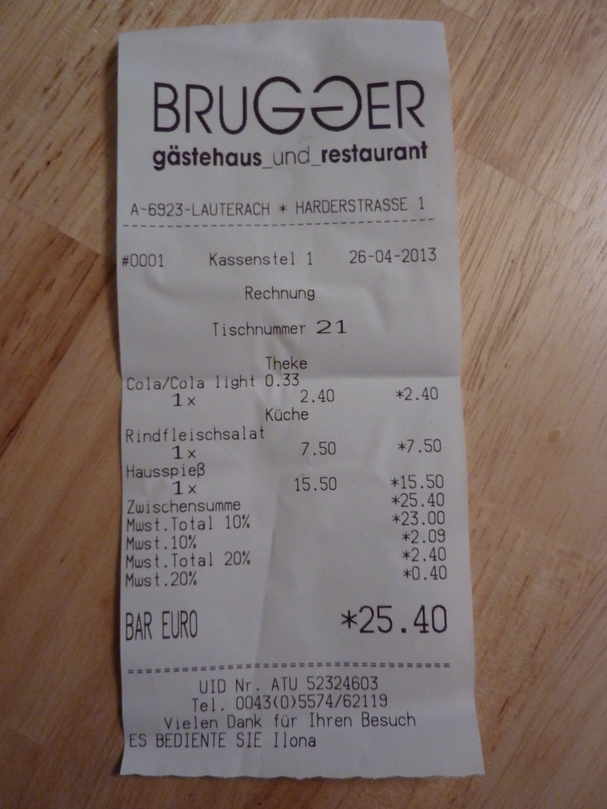 Die Rechnung. - Gästehaus Brugger - Lauterach