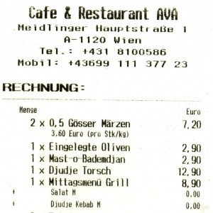 Persisches Restaurant AVA - Rechnung