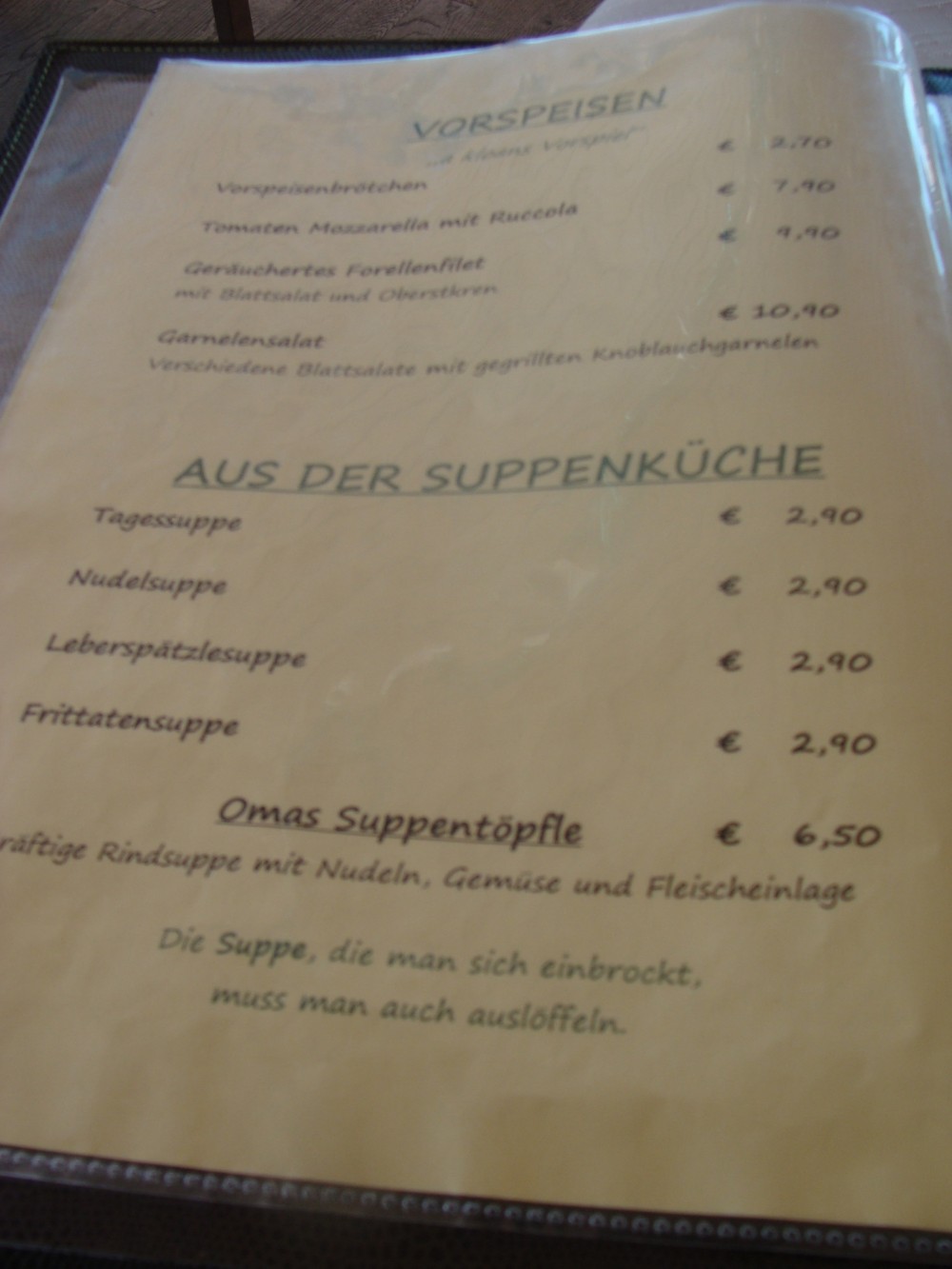 Karte: Suppen & Vorspeisen. - Gasthaus Seibl - Lochau