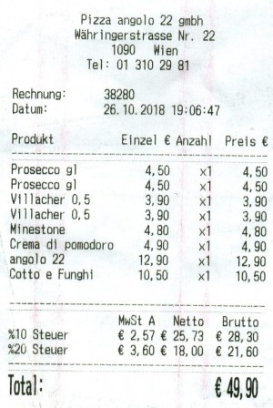 Pizzeria Angolo 22 - Rechnung