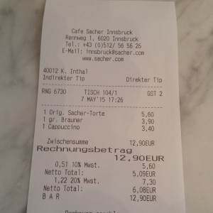 Rechnung - Cafe Sacher Innsbruck - Innsbruck