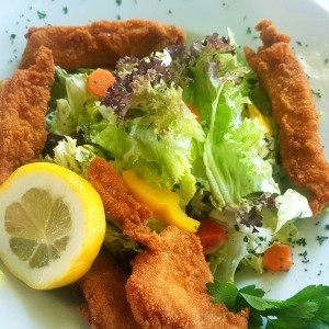 Gebackene Hühnerfilet-Streifen auf Blattsalat mit Kernöl - Gasthaus Fischer - St. Anna am Aigen