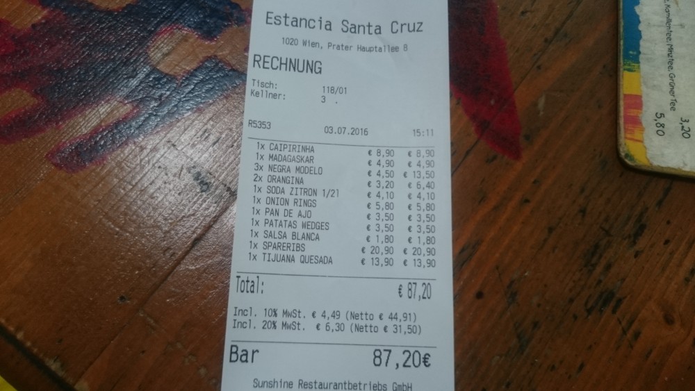 Rechnung - Estancia Santa Cruz - Wien