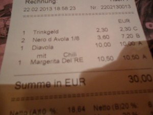 Rechnung mit der Preissteigerung für die verkohlten Chiliflocken - Pizzeria Riva - Türkenstraße - Wien