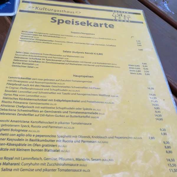 Speisekarte (Mittag) - Eschenlaube - Graz